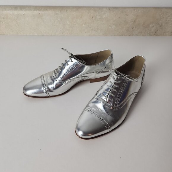 J.Crew made in Italy mirror metallic silver oxford leather shoes size 6.5 womens - Picture 3 of 14